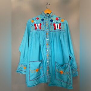 Vintage Turquoise Embroidered Butterfly Button-Up